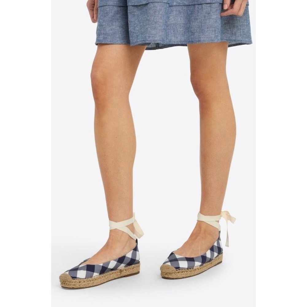 Draper James Navy and White Gingham Espadrille Flats with Cream Ankle Ties